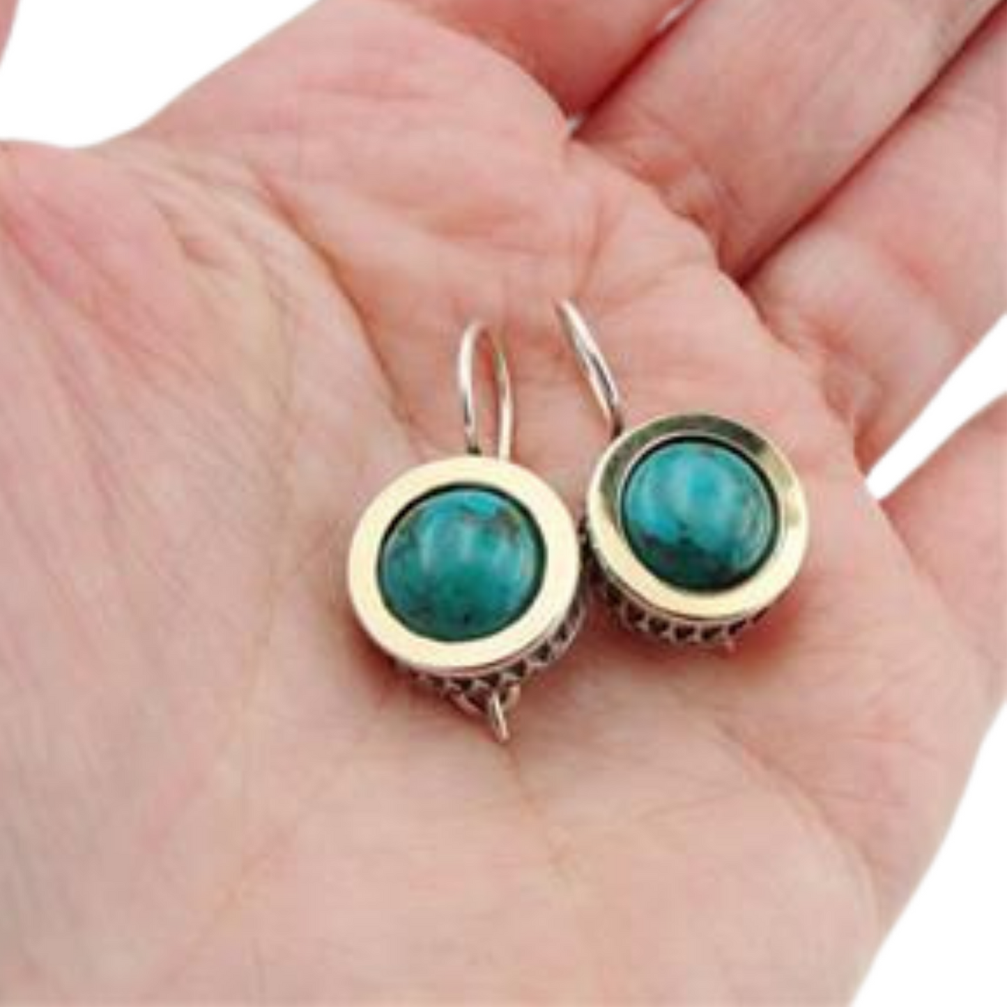 Sculptural Sterling Silver Earrings With Natural Turquoise Gemstones Decorated With a Yellow Gold Halo