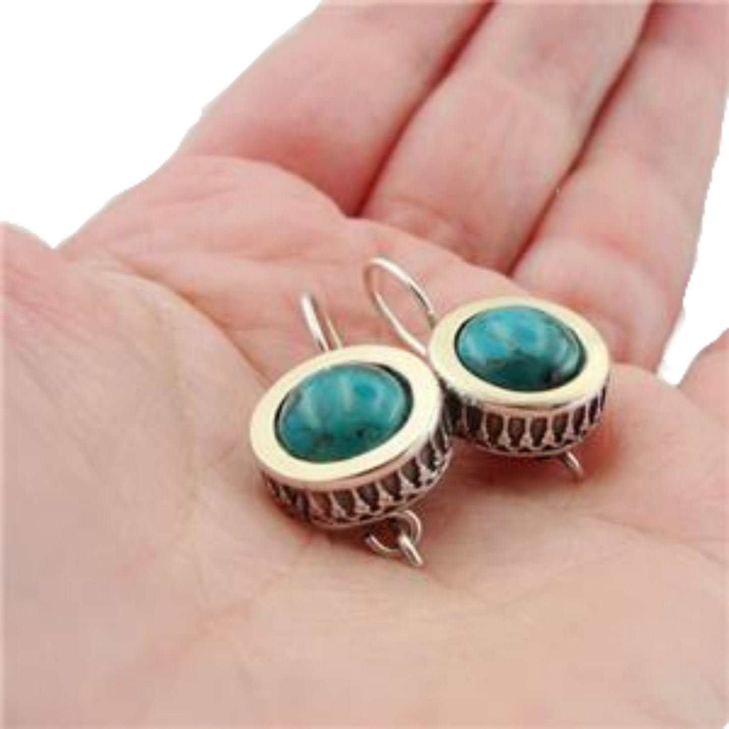 Sculptural Sterling Silver Earrings With Natural Turquoise Gemstones Decorated With a Yellow Gold Halo