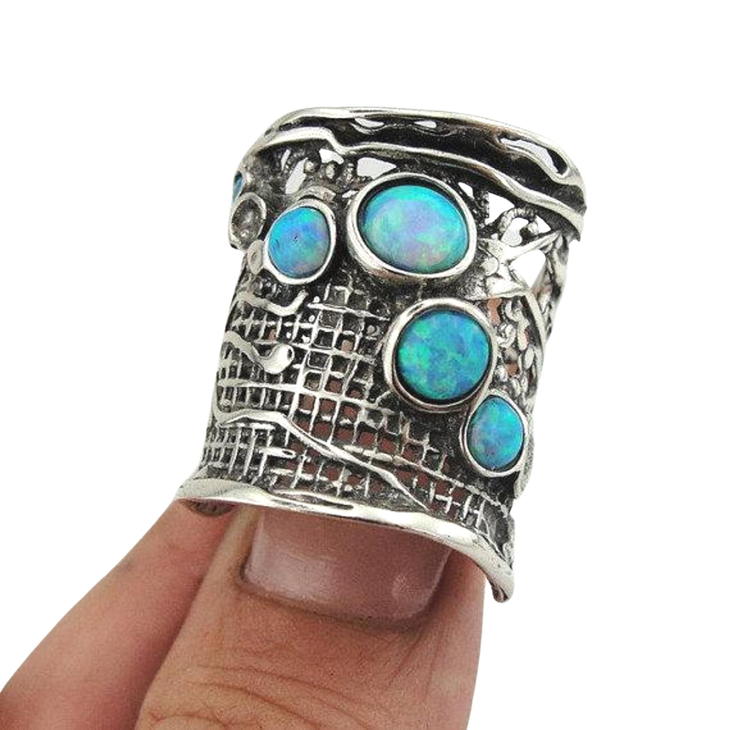 Sterling silver "net" texture, wide ring, blue mosaic opal