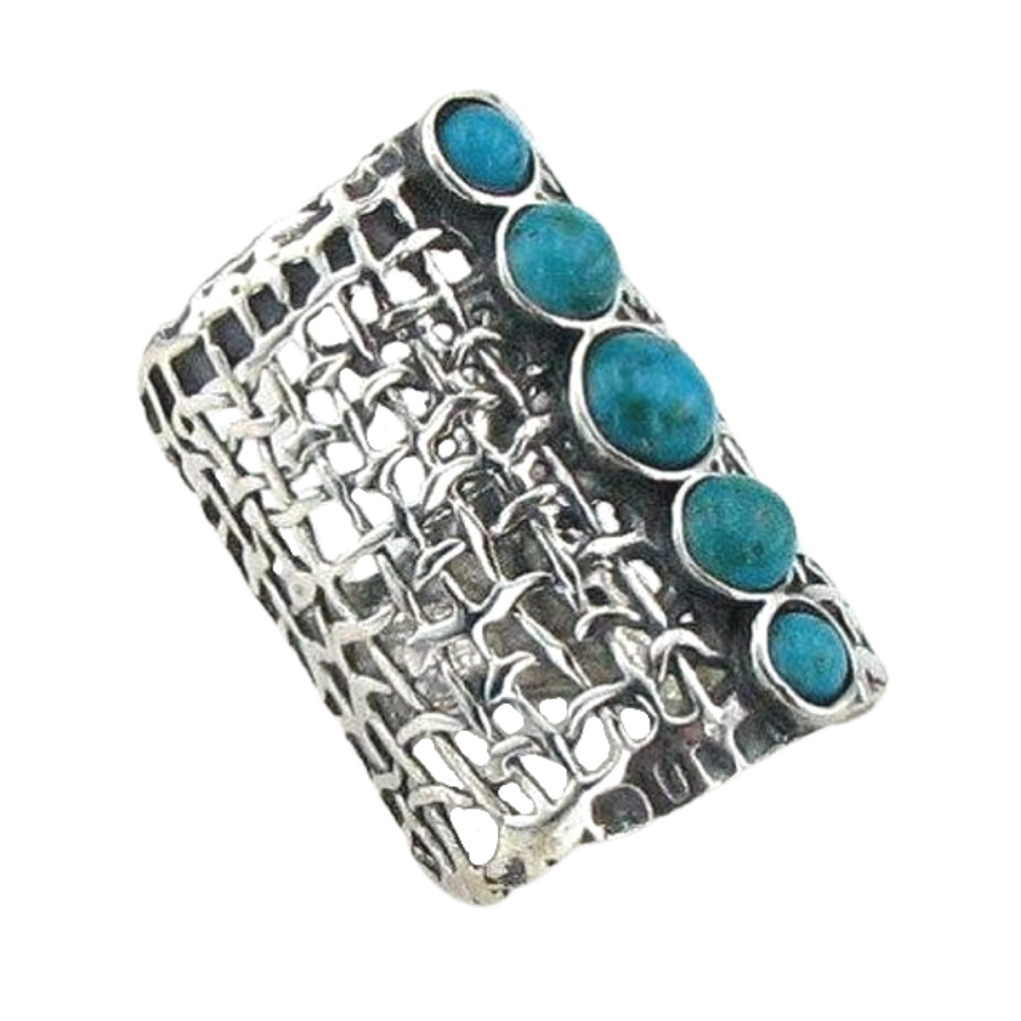 Long Sterling Silver ring with Natural Turquoise Gemstones, 5 gems ring