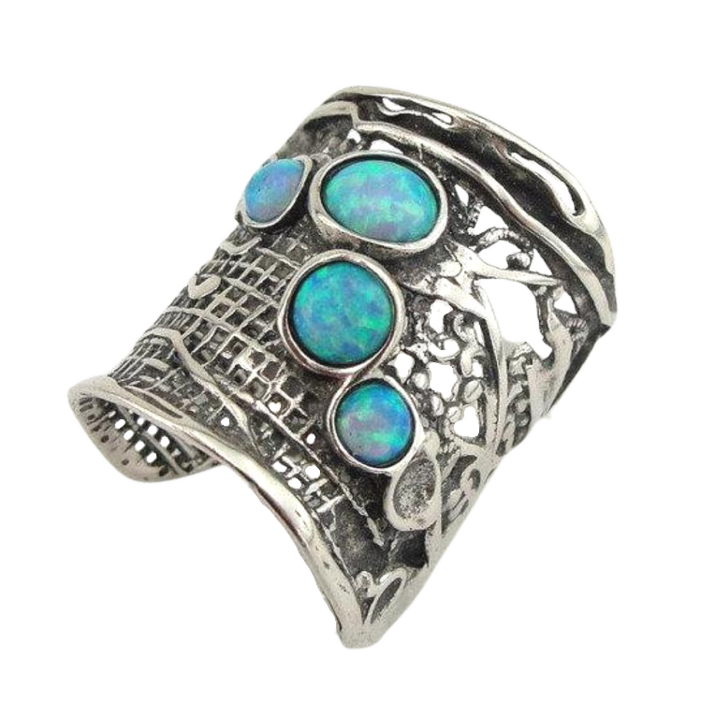 Sterling silver "net" texture, wide ring, blue mosaic opal