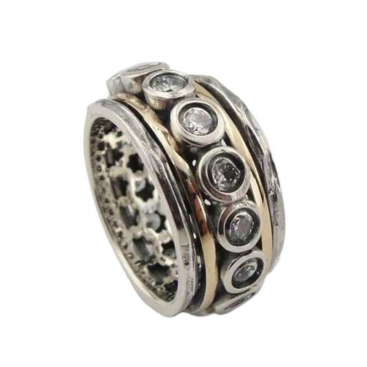 Swivel Ring, Sterling silver, 9K Gold and Zircon Ring.