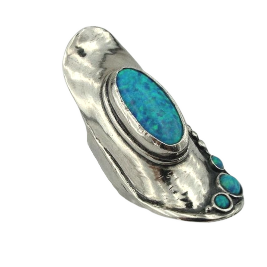Bold Solid Silver Blue Opal Ring, 925 Sterling Silver Opal Ring, Long Ring, Handcrafted Opal Ring, Blue Stone Ring, October Birthstone