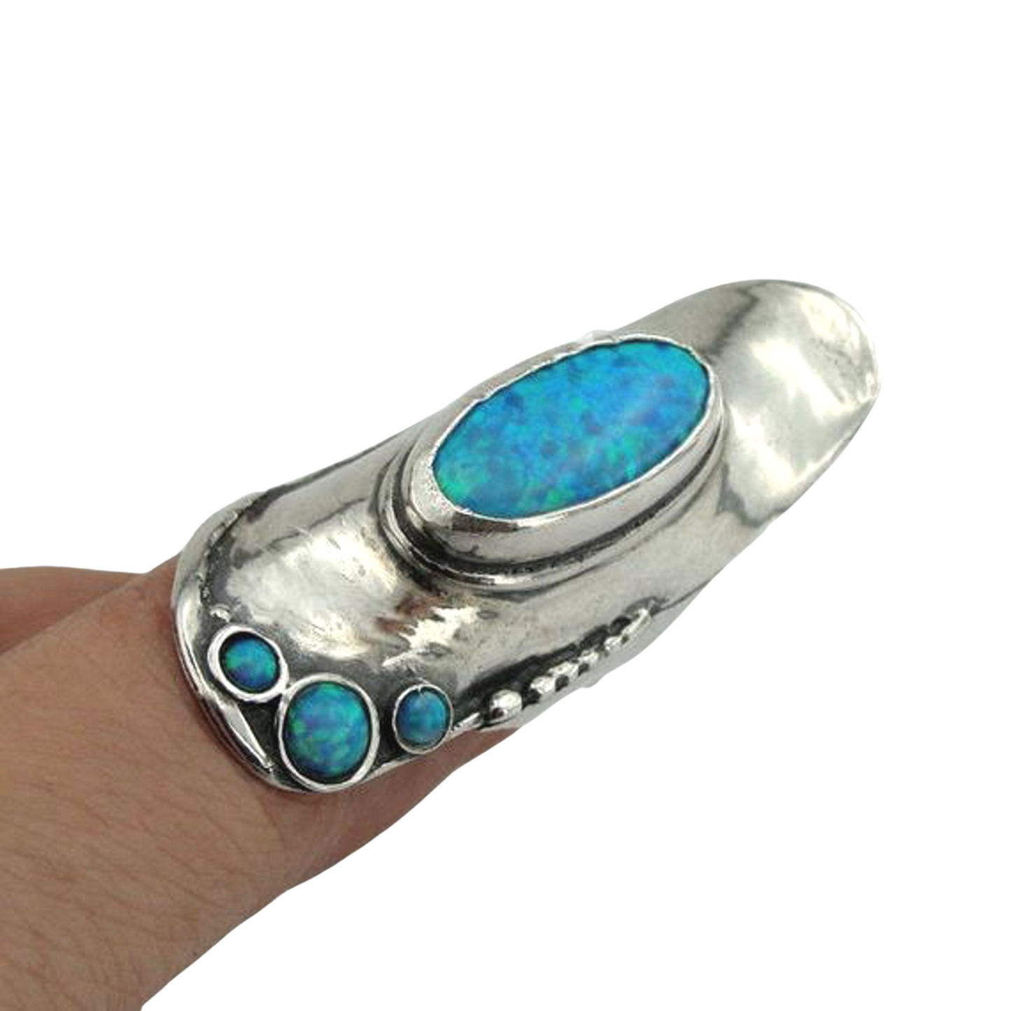 Bold Solid Silver Blue Opal Ring, 925 Sterling Silver Opal Ring, Long Ring, Handcrafted Opal Ring, Blue Stone Ring, October Birthstone