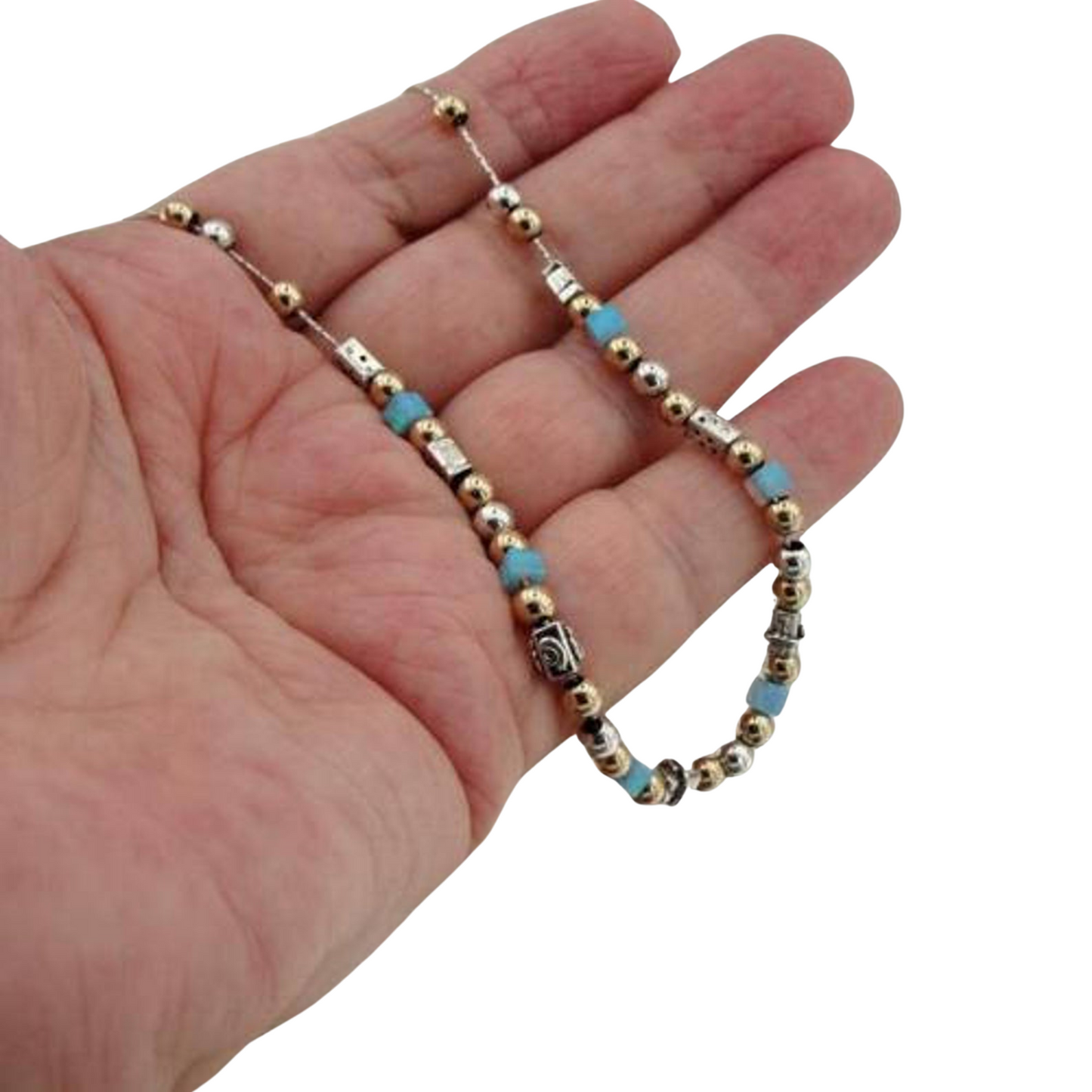 14K Yellow Gold-Filled Beads Square Mosaic Opal Beads On A Sterling Silver Chain