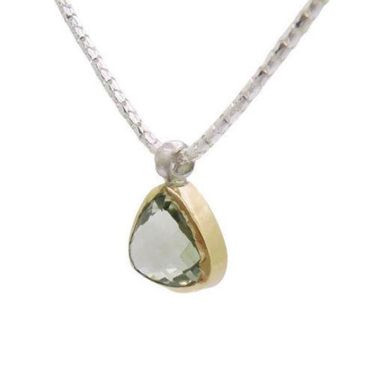Triangular Natural Green Amethyst Framed with Yellow Gold Pendant, Set With a Beautiful Sterling Silver Necklace, Fine Jewelry