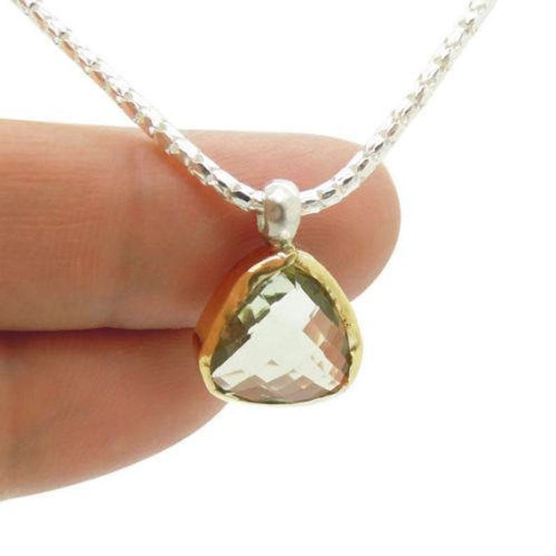 Triangular Natural Green Amethyst Framed with Yellow Gold Pendant, Set With a Beautiful Sterling Silver Necklace, Fine Jewelry