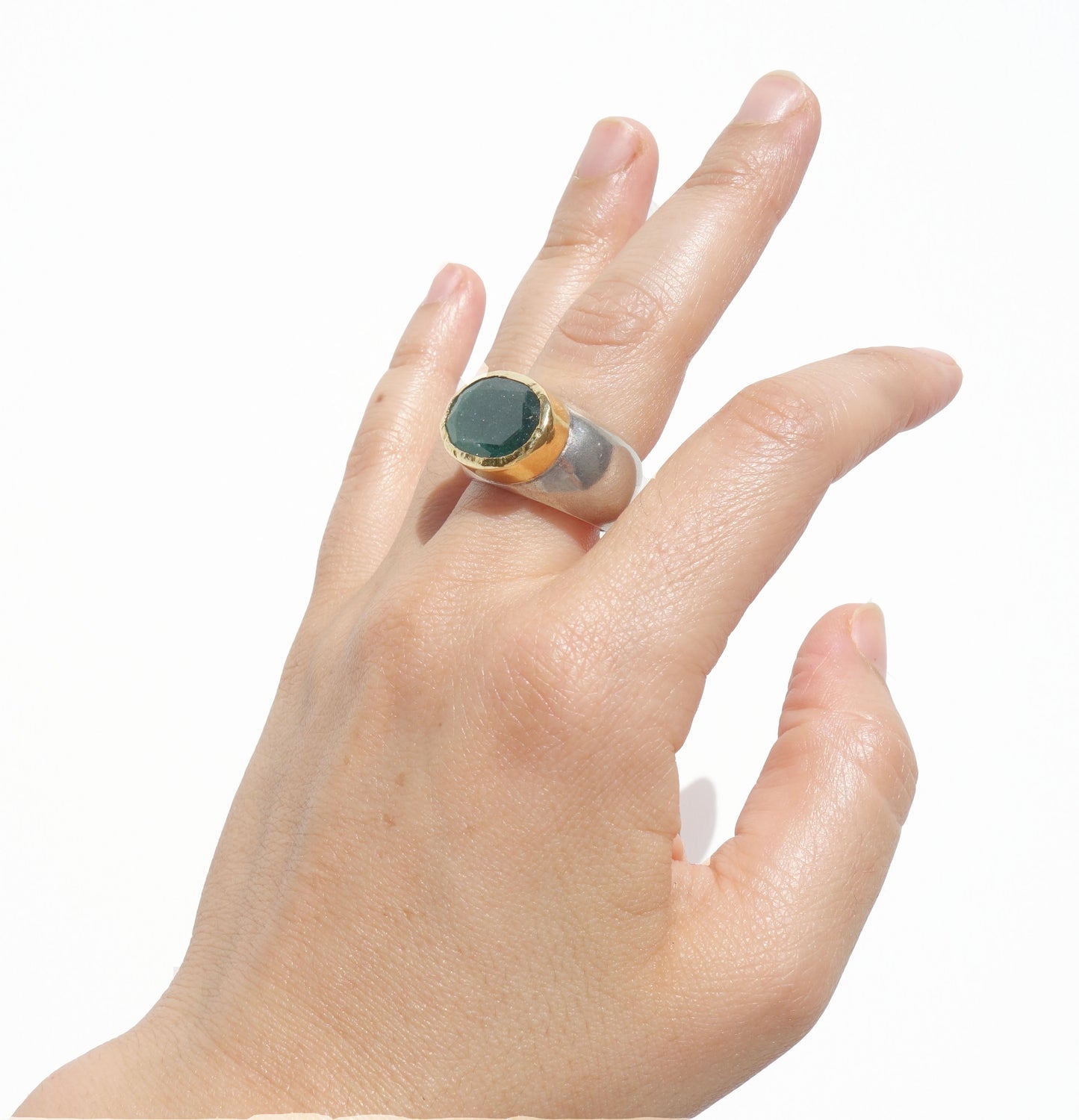 Oval natural Emerald ring, sterling silver ring with natural Emerald gemstone decorated with Gold