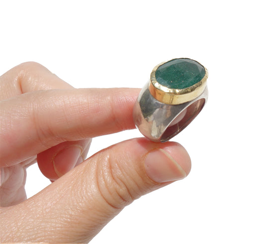 Oval natural Emerald ring, sterling silver ring with natural Emerald gemstone decorated with Gold