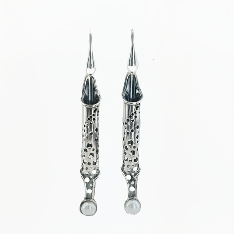 Hadar Designers Handmade Long 925 Sterling Silver Pearl Earrings