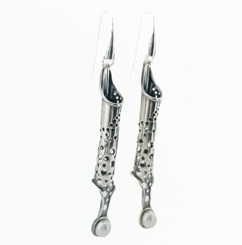 Hadar Designers Handmade Long 925 Sterling Silver Pearl Earrings
