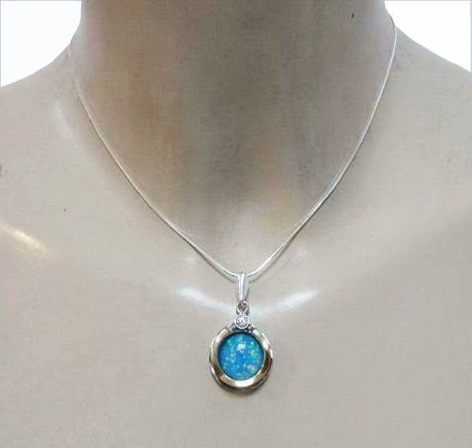 Round shape opal pendant Solid Sterling silver Base Decorated with Yellow Gold