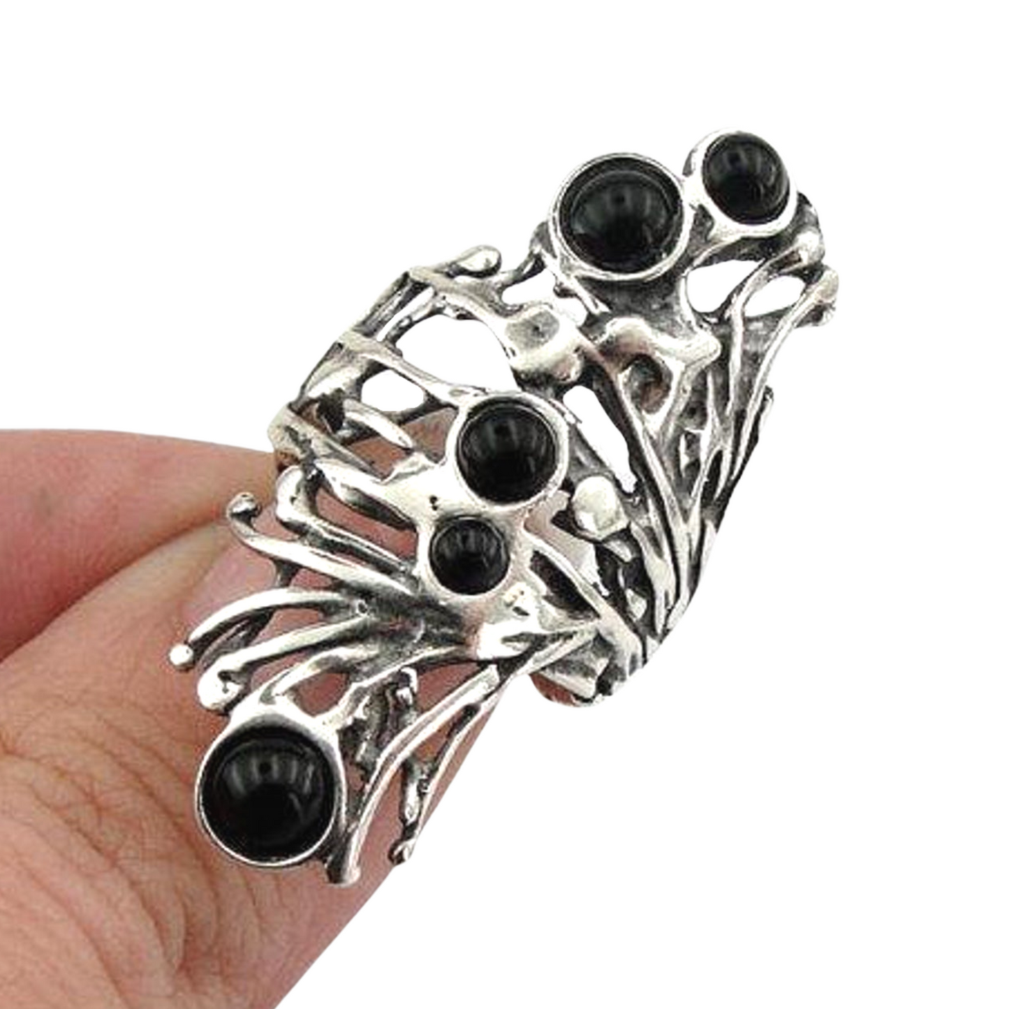 Long Sterling Silver Onyx Ring, wide silver ring, Onyx Ring, Unisex ring, Black gemstone ring, Unique Sterling silver ring, unique design