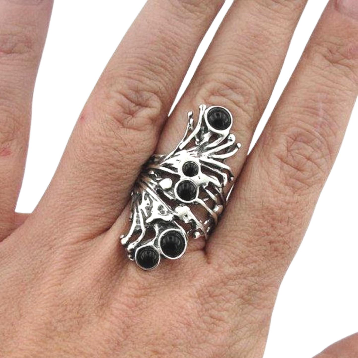 Long Sterling Silver Onyx Ring, wide silver ring, Onyx Ring, Unisex ring, Black gemstone ring, Unique Sterling silver ring, unique design
