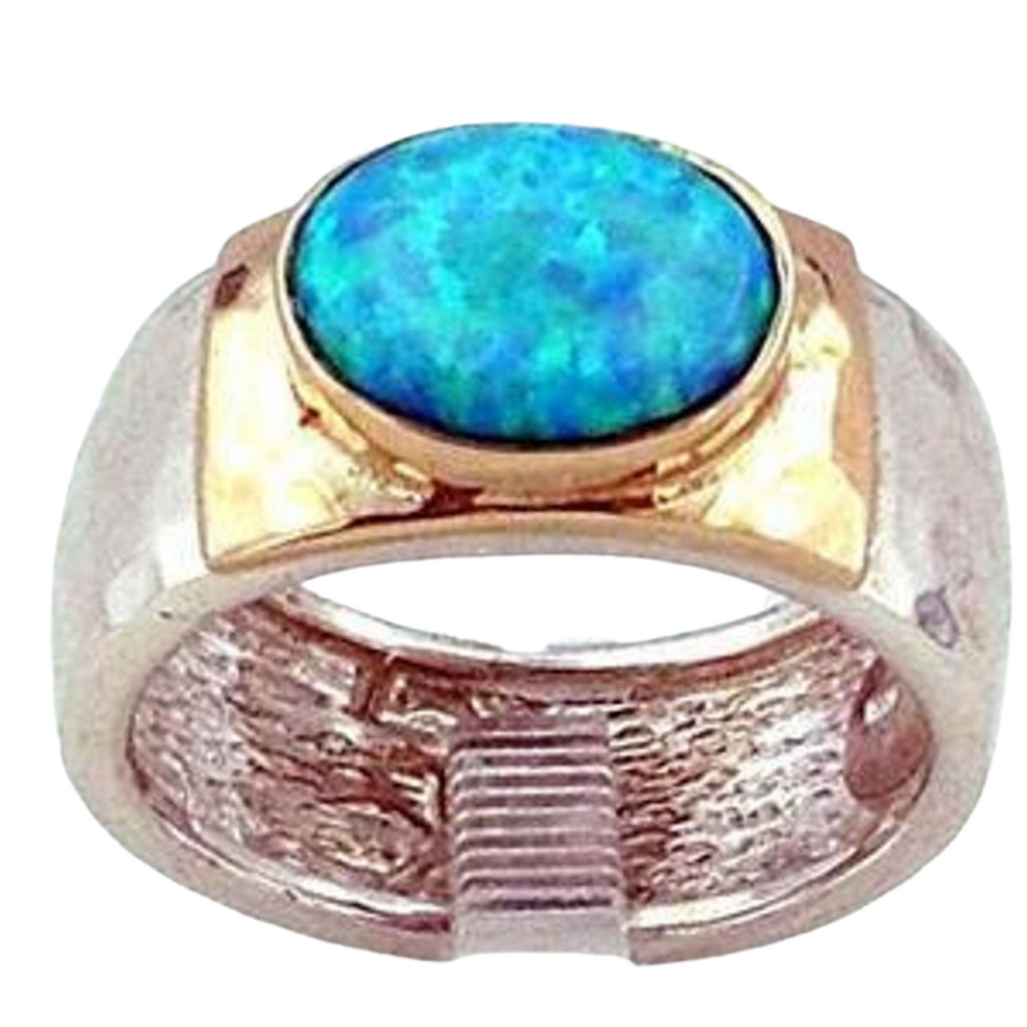 Wide and Solid Sterling Silver Ring Decorated with Yellow Gold and Blue Oval Opal Gemstone