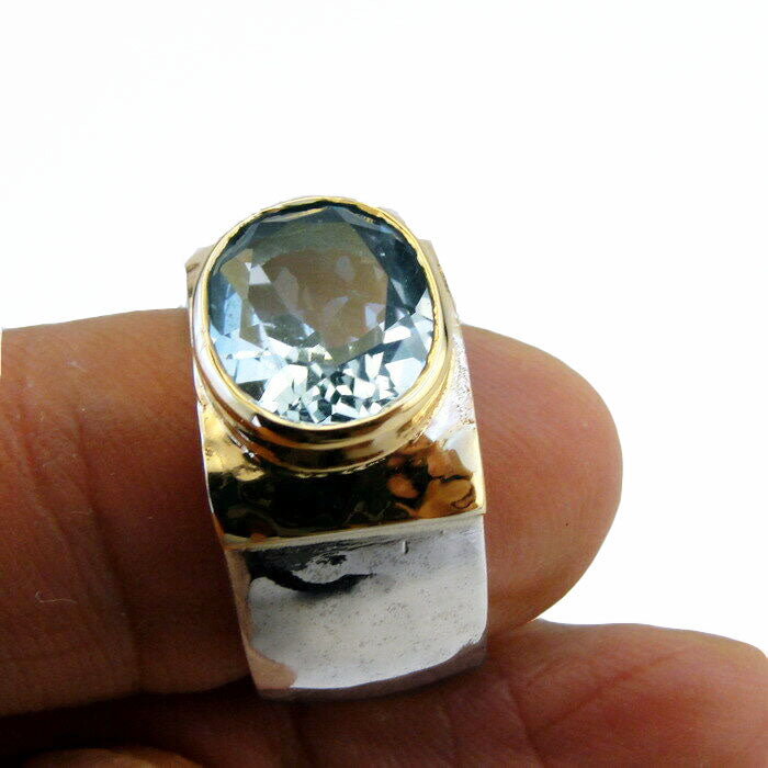 9k Yellow Gold Sterling Silver Blue Topaz Ring