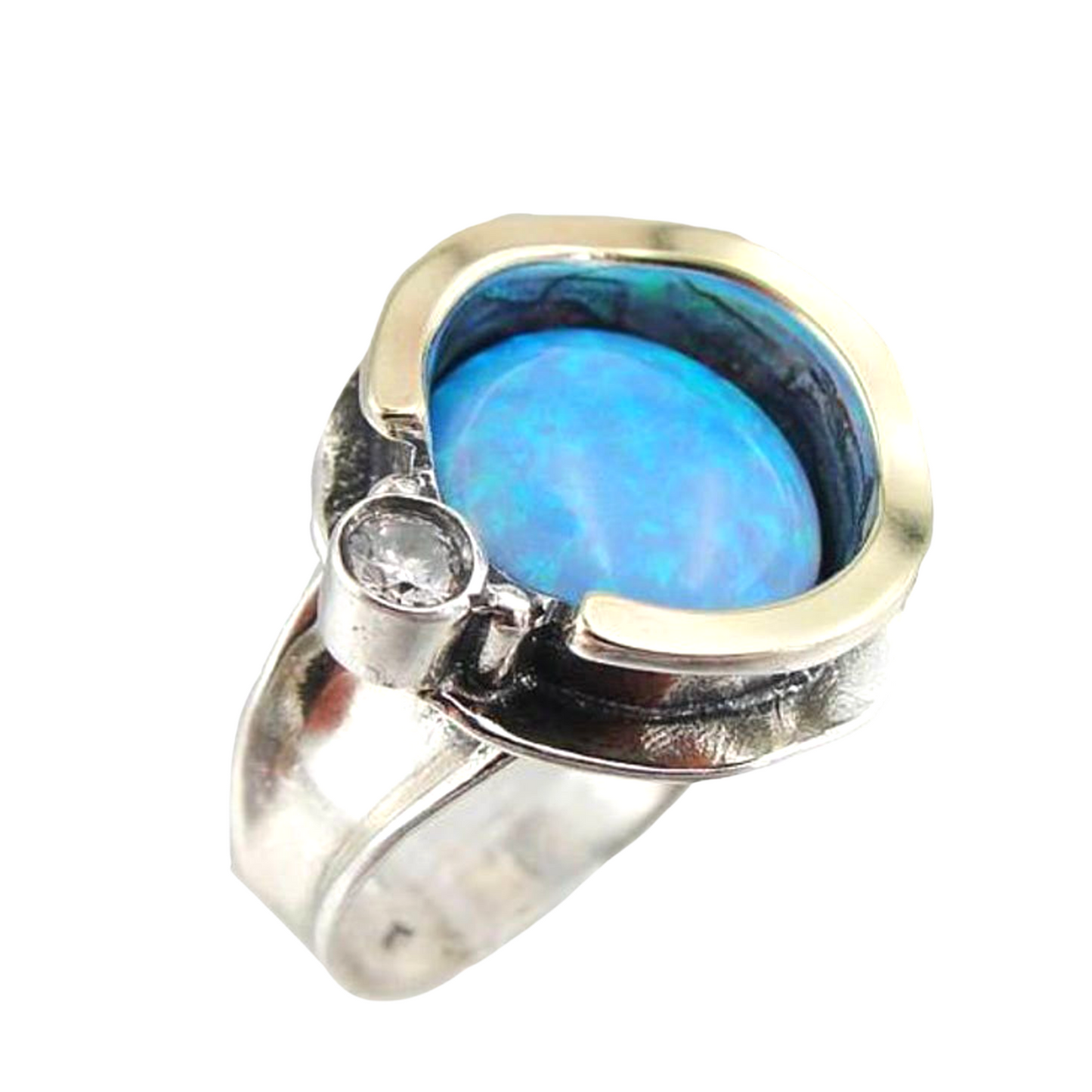 Blue Mosaic Opal Inlaid in Sterling Silver And Decorated With 9K Yellow Gold Ring