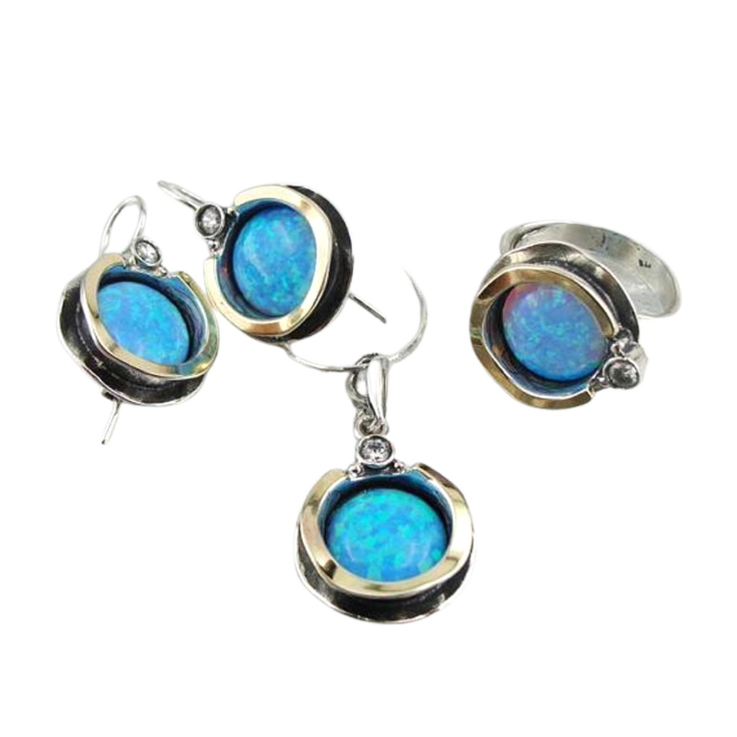 Blue Mosaic Opal Inlaid in Sterling Silver And Decorated With 9K Yellow Gold Ring