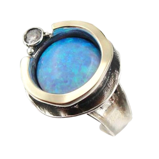 Blue Mosaic Opal Inlaid in Sterling Silver And Decorated With 9K Yellow Gold Ring
