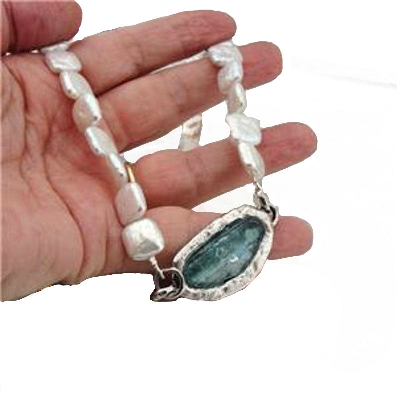 Sterling Silver Roman Glass Natural Oblong Pearls Pendant Gift for Israeli Women