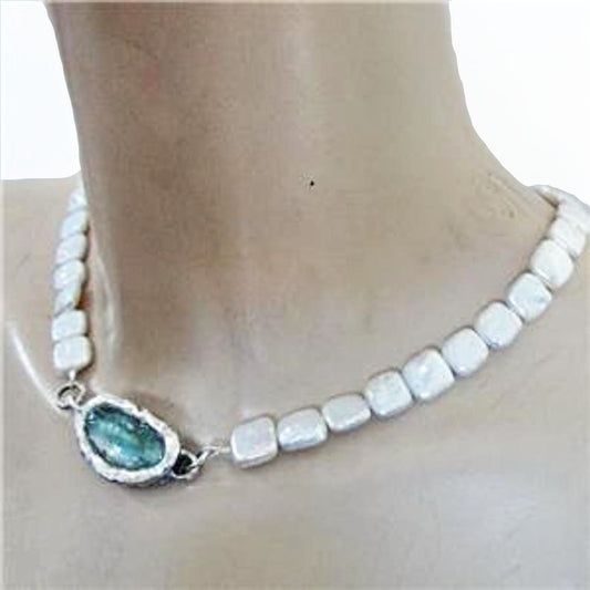 Sterling Silver Roman Glass Natural Oblong Pearls Pendant Gift for Israeli Women