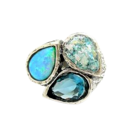 Hadar Designers Handmade 925 Silver Roman Glass Opal Blue CZ Ring