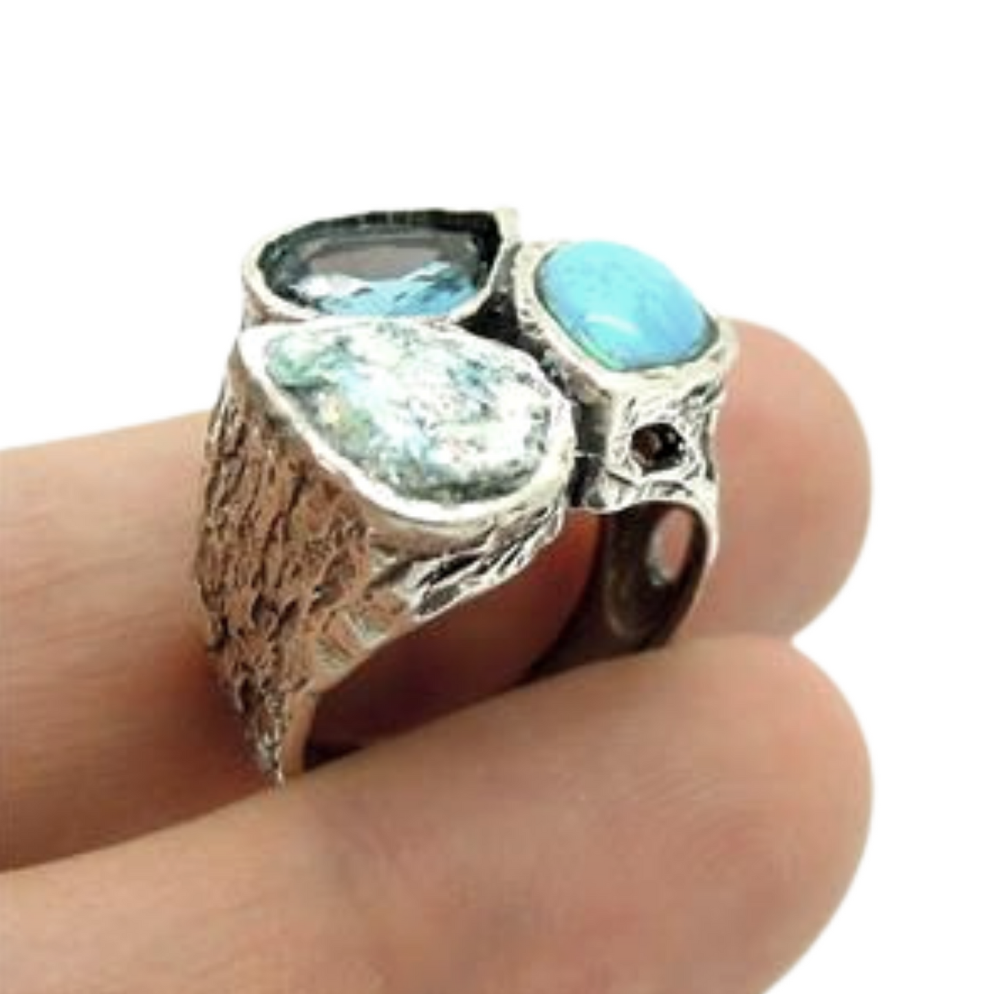 Hadar Designers Handmade 925 Silver Roman Glass Opal Blue CZ Ring