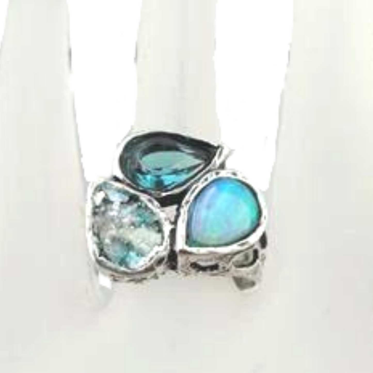 Hadar Designers Handmade 925 Silver Roman Glass Opal Blue CZ Ring