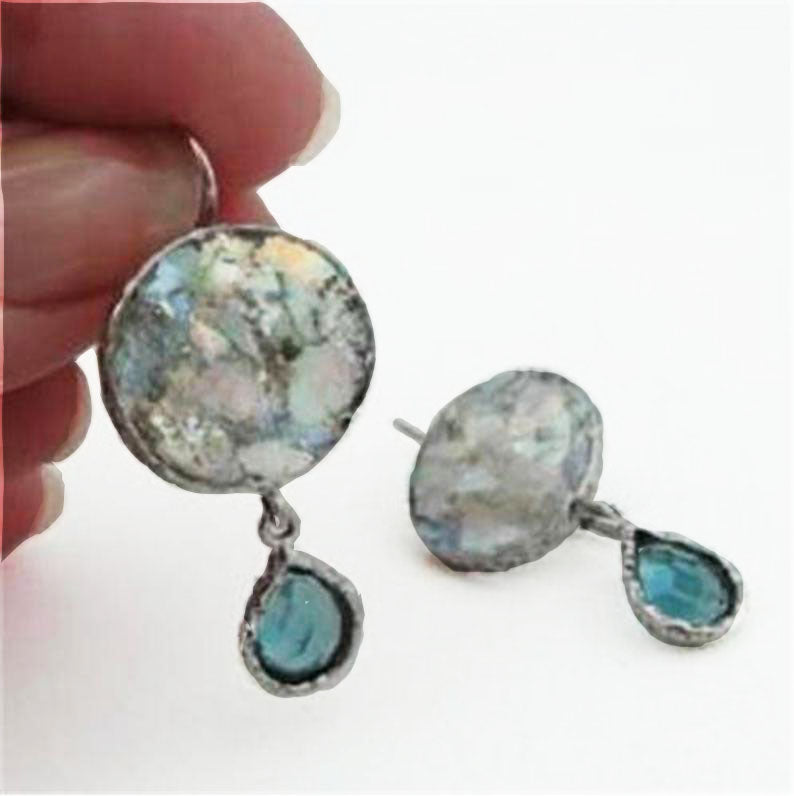 Handmade Sterling Silver Antique Roman Glass CZ Earrings Elegant Israeli Jewelry Dangle Earrings for Her