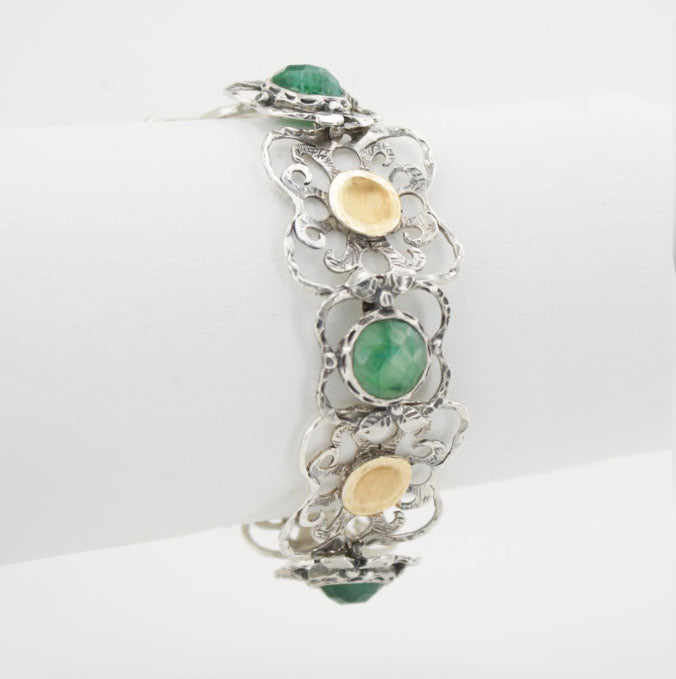 Hadar Jewelry Handmade 9k Yellow Gold 925 Silver Emerald Bracelet (I b220)