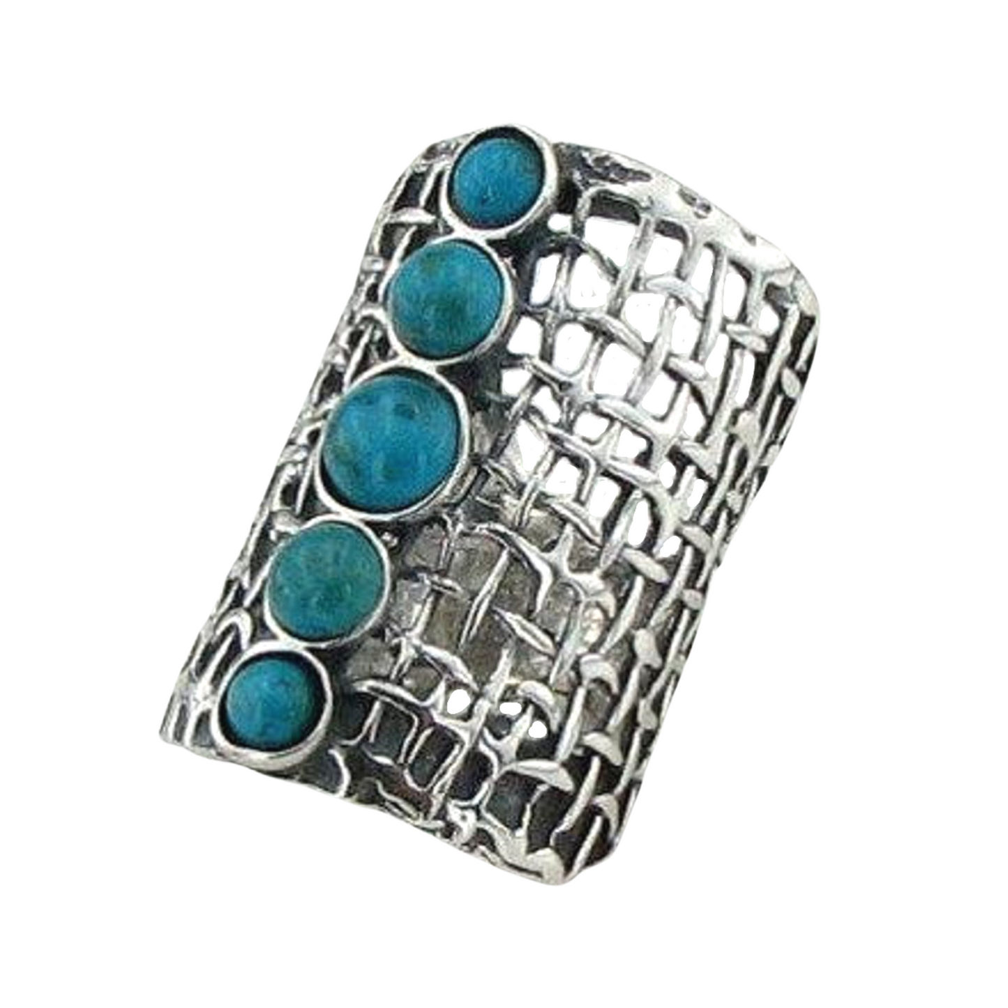 Long Sterling Silver ring with Natural Turquoise Gemstones, 5 gems ring