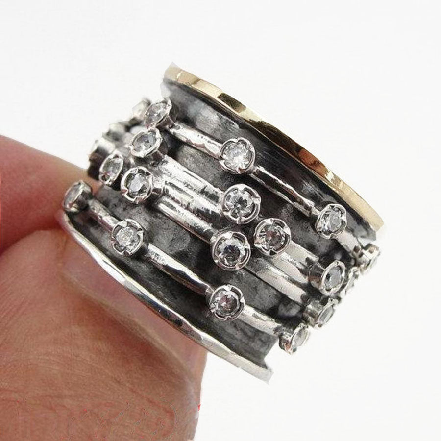 Wide Swivel Ring, Sterling silver, Yellow gold and clear color Zircons