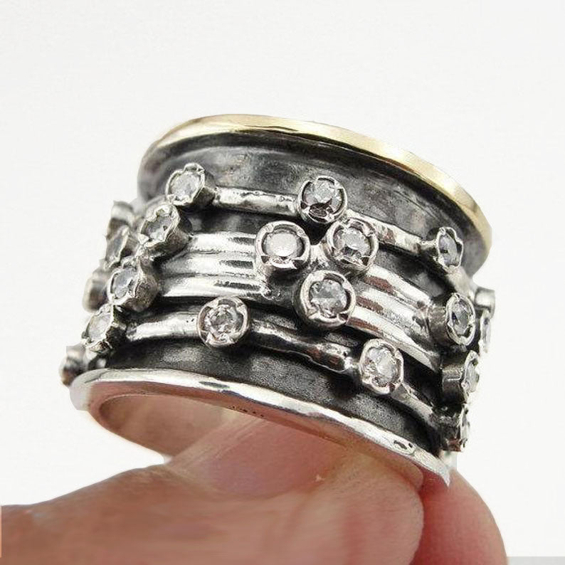 Wide Swivel Ring, Sterling silver, Yellow gold and clear color Zircons
