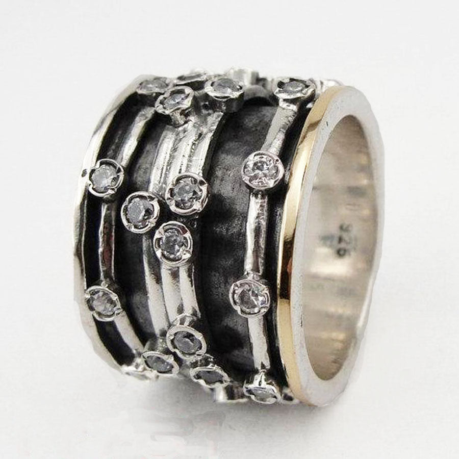 Wide Swivel Ring, Sterling silver, Yellow gold and clear color Zircons