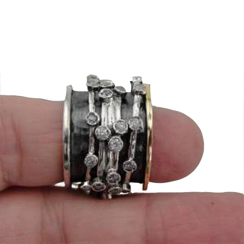 Wide Swivel Ring, Sterling silver, Yellow gold and clear color Zircons