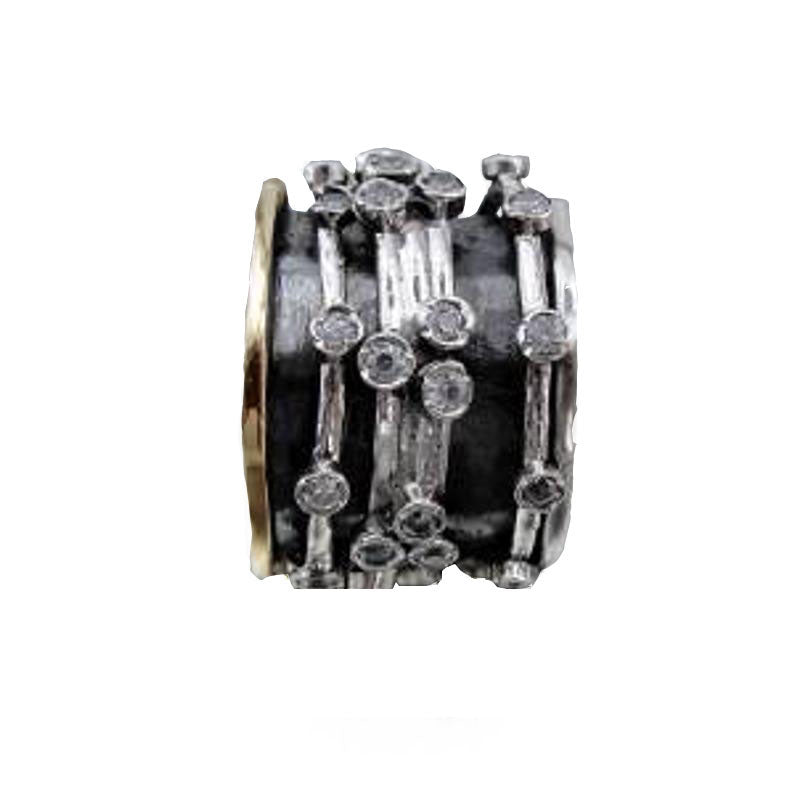 Wide Swivel Ring, Sterling silver, Yellow gold and clear color Zircons