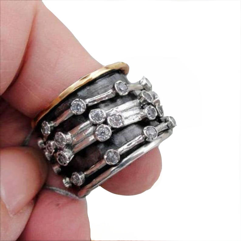 Wide Swivel Ring, Sterling silver, Yellow gold and clear color Zircons