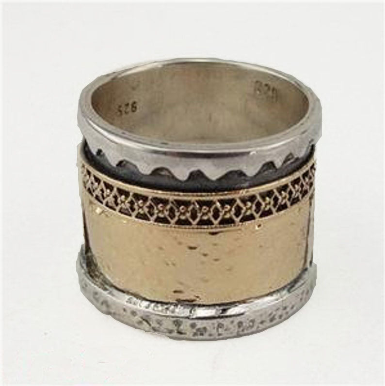 Wide Ring, Sterling silver ring decorated with 14K AND 9K Gold, Unisex Ring, Women wide ring, Men Wide Ring