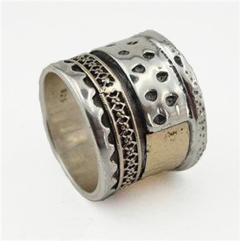 Wide Ring, Sterling silver ring decorated with 14K AND 9K Gold, Unisex Ring, Women wide ring, Men Wide Ring