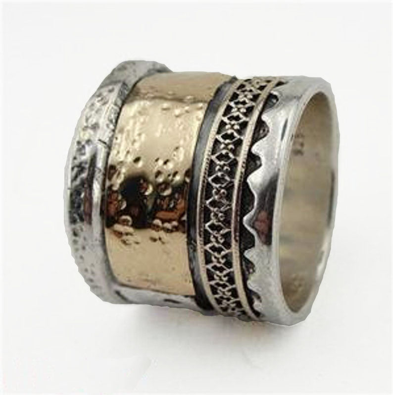 Wide Ring, Sterling silver ring decorated with 14K AND 9K Gold, Unisex Ring, Women wide ring, Men Wide Ring