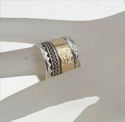 Wide Ring, Sterling silver ring decorated with 14K AND 9K Gold, Unisex Ring, Women wide ring, Men Wide Ring