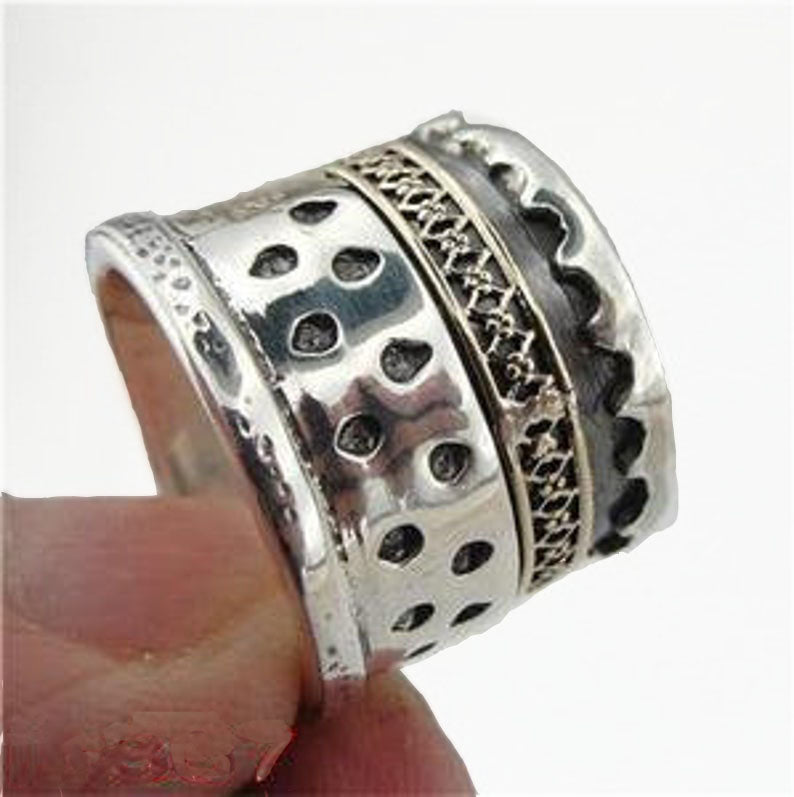 Wide Ring, Sterling silver ring decorated with 14K AND 9K Gold, Unisex Ring, Women wide ring, Men Wide Ring