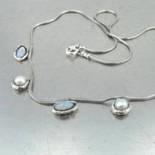 Hadar Jewelry Handmade Art 925 Sterling Silver Pearl Opalit Necklace (as 5549)