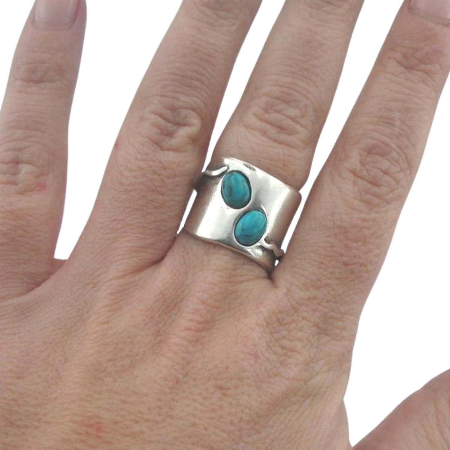 Sterling Silver Wide Ring, decorated with Natural Turquoise