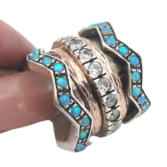 Hadar Jewelry Handmade 9k Gold Sterling White Zircon Opal Swivel Ring