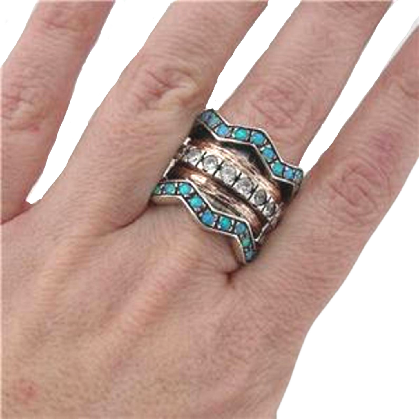 Hadar Jewelry Handmade 9k Gold Sterling White Zircon Opal Swivel Ring