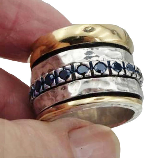 Heavy Swivel Yellow Gold 925 Silver Sapphire CZ Ring Chunky Ring Unisex Ring
