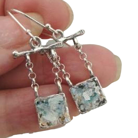 Sterling Silver and square Roman Glass dangles Earrings