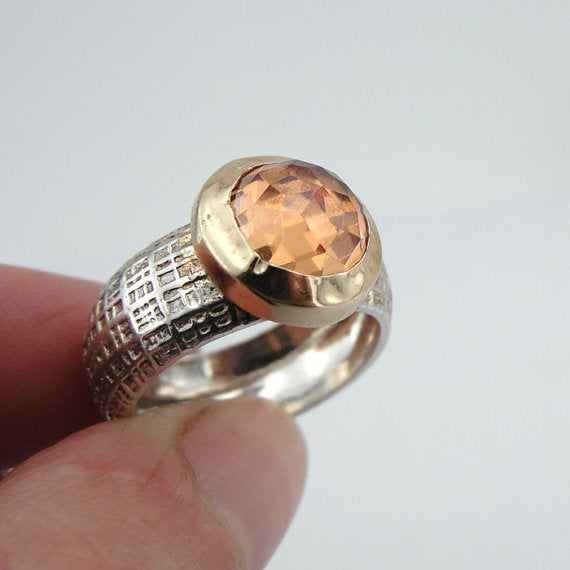 Champagne Quartz Silver Ring With 9K Gold Gift for Her