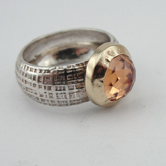 Champagne Quartz Silver Ring With 9K Gold Gift for Her